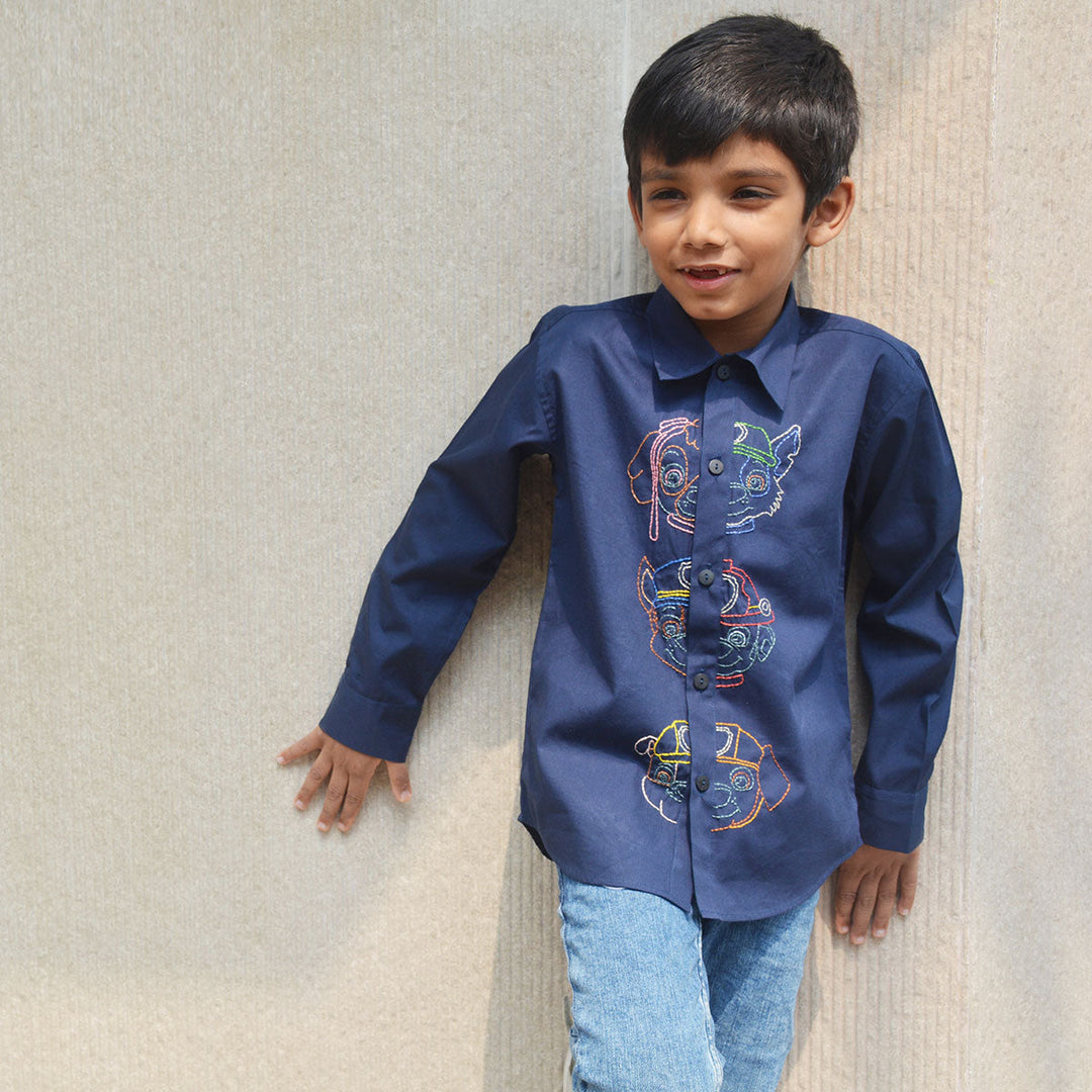 Pup Police Force Embroidered Shirt - Navy