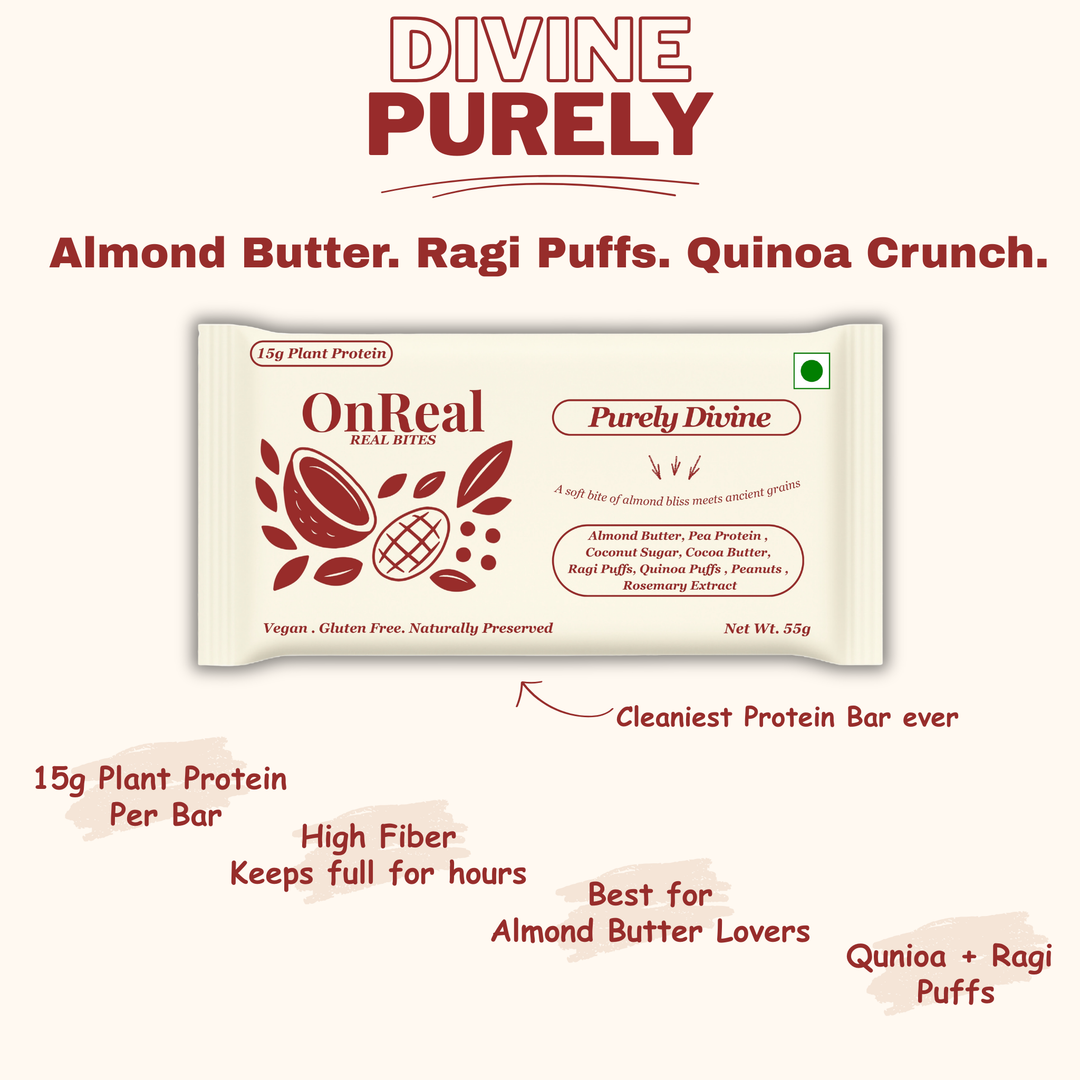 OnReal Purely Divine Plant-Based Protein Bars | 15g Protein | No Refined Sugar | High Fiber | Almond Butter | Made with Ragi & Quinoa Puffs | Vegan, Gluten-Free | Clean Label Snack