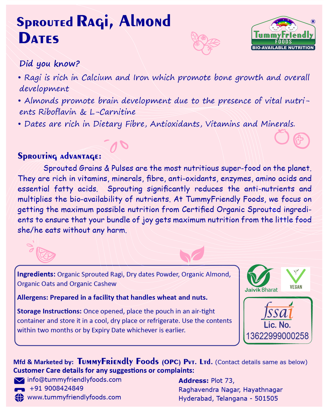 TummyFriendly Foods Organic Sprouted Porridge Mix | Ragi, Almonds, Premium Dates | No Additives | 200g