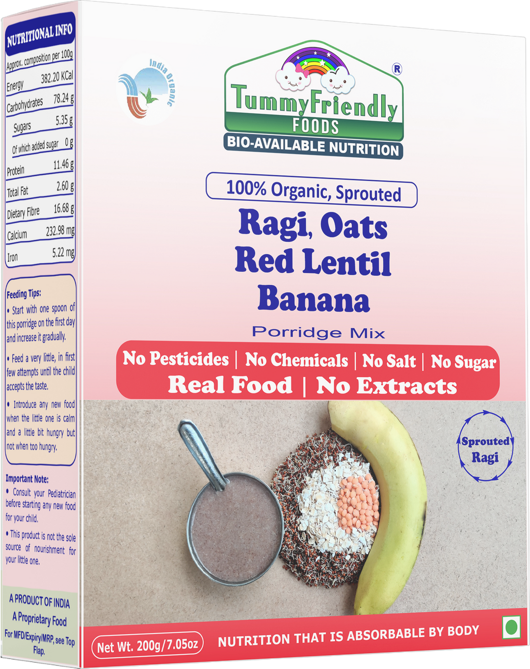 TummyFriendly Foods Organic Sprouted Porridge Mix | Ragi, Oats, Red Lentils, Banana | No Additives