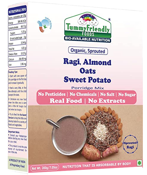 TummyFriendly Foods Organic Sprouted Porridge Mix | Ragi, Almonds, Oats, Sweet Potato | No Additives | 200g
