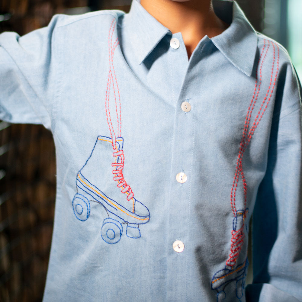 Roller Skates Embroidered Denim Shirt