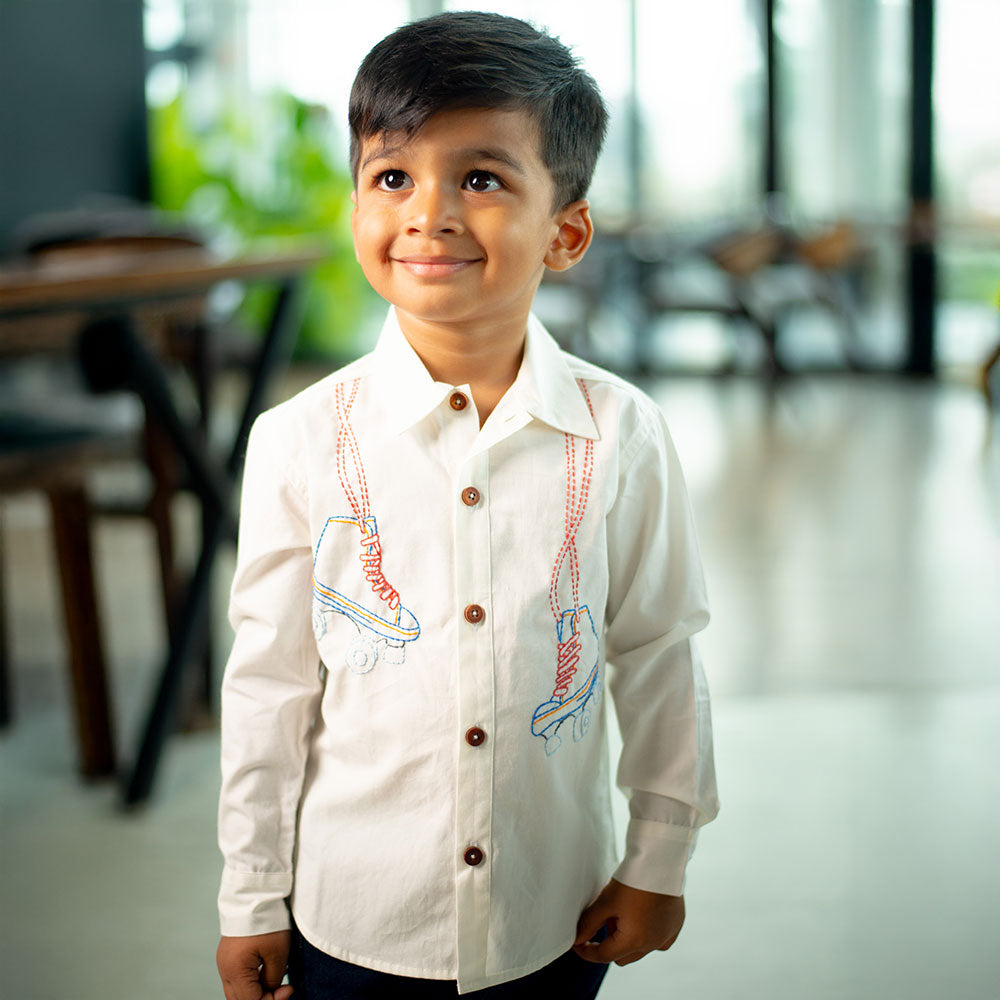 Roller Skates Embroidered Organic Cotton Shirt - White