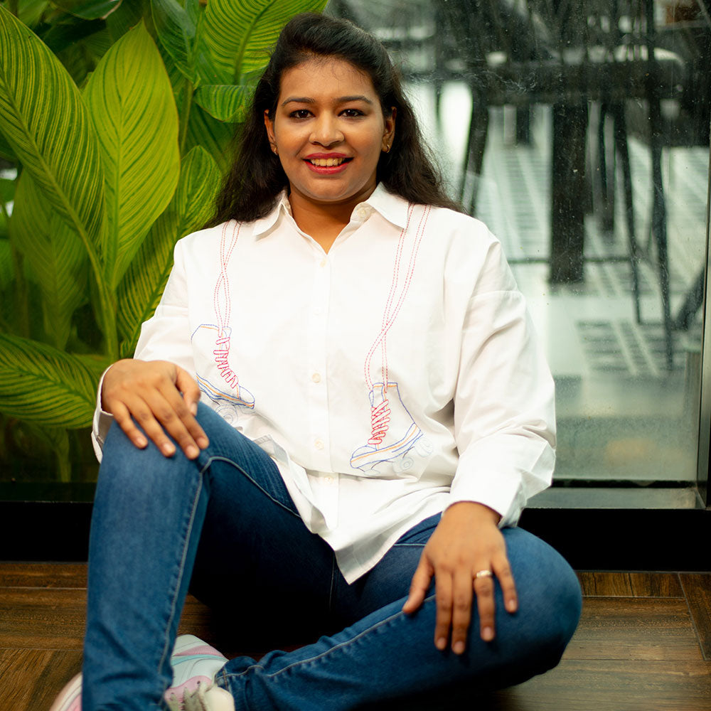 Roller Skates Embroidered Women Shirt - White