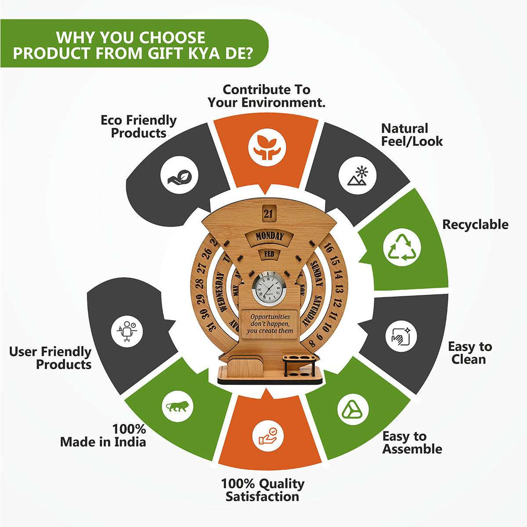Gift Kya De Infinite Circular Calendar With Pen, Card Holder | Clock And Photo Frame Options Available | Desk Accessories