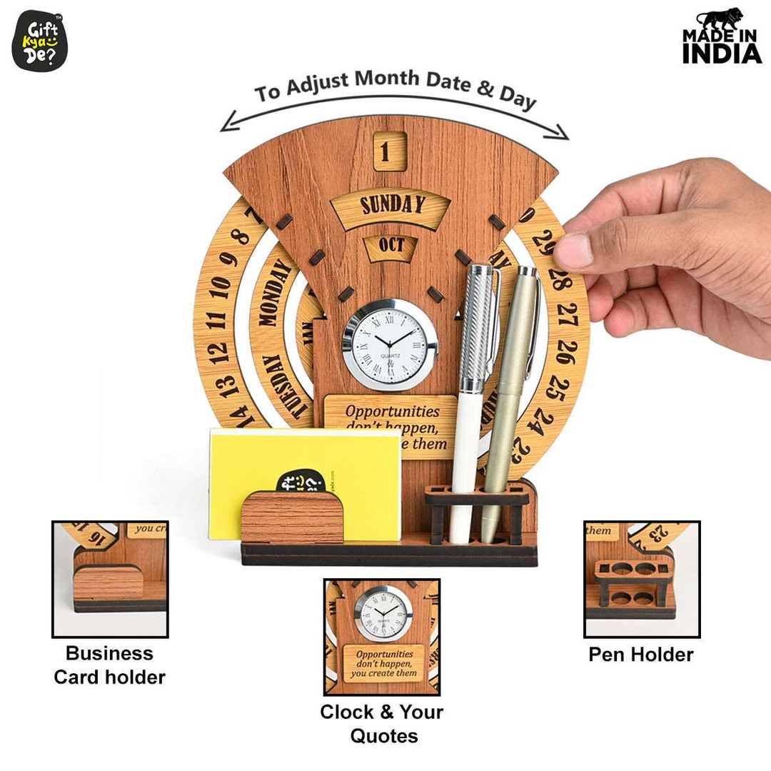 Gift Kya De Infinite Circular Calendar With Pen, Card Holder | Clock And Photo Frame Options Available | Desk Accessories