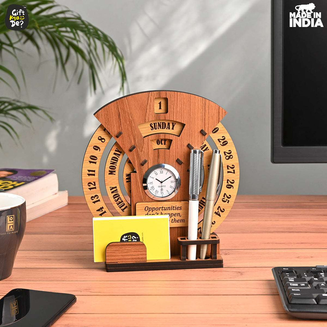 Gift Kya De Infinite Circular Calendar With Pen, Card Holder | Clock And Photo Frame Options Available | Desk Accessories