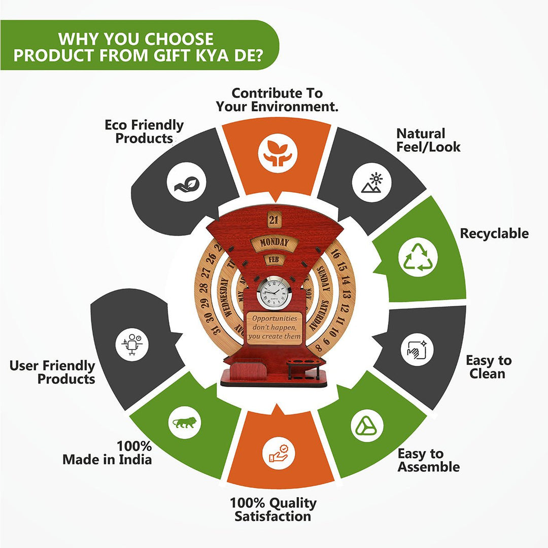 Gift Kya De Infinite Circular Calendar With Pen, Card Holder | Clock And Photo Frame Options Available | Desk Accessories
