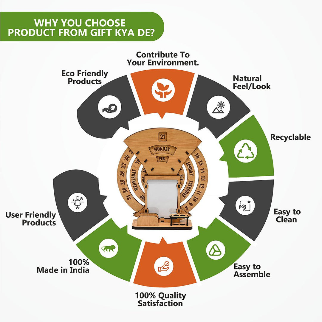 Gift Kya De Infinite Circular Calendar With Pen, Card Holder | Clock And Photo Frame Options Available | Desk Accessories