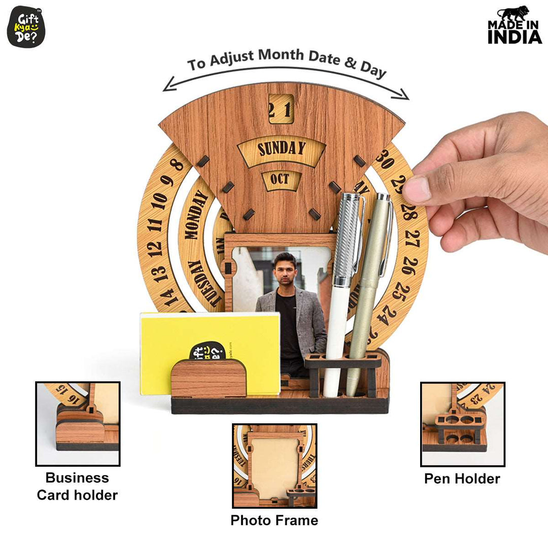 Gift Kya De Infinite Circular Calendar With Pen, Card Holder | Clock And Photo Frame Options Available | Desk Accessories