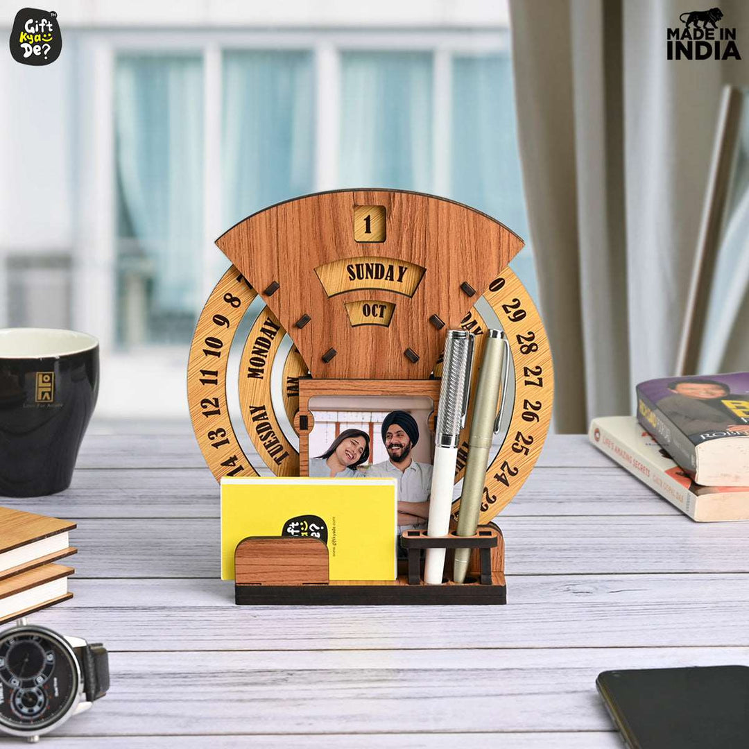 Gift Kya De Infinite Circular Calendar With Pen, Card Holder | Clock And Photo Frame Options Available | Desk Accessories