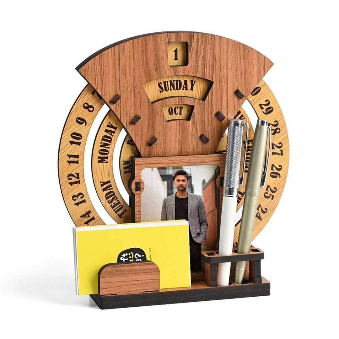 Gift Kya De Infinite Circular Calendar With Pen, Card Holder | Clock And Photo Frame Options Available | Desk Accessories