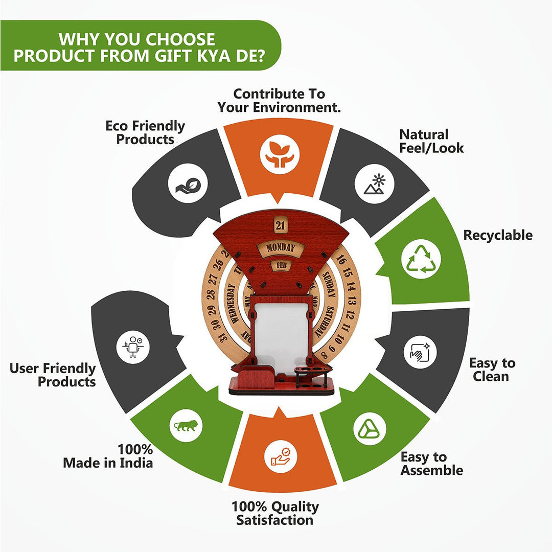 Gift Kya De Infinite Circular Calendar With Pen, Card Holder | Clock And Photo Frame Options Available | Desk Accessories