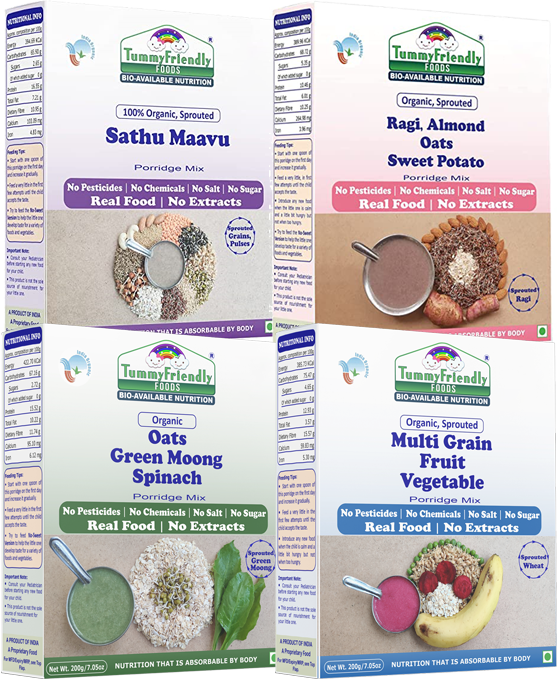 TummyFriendly Foods Organic Sprouted Porridge Mixes Combo | Multigrain, Multimillet, Fruits, Vegetables | 200g each (Pack of 4)