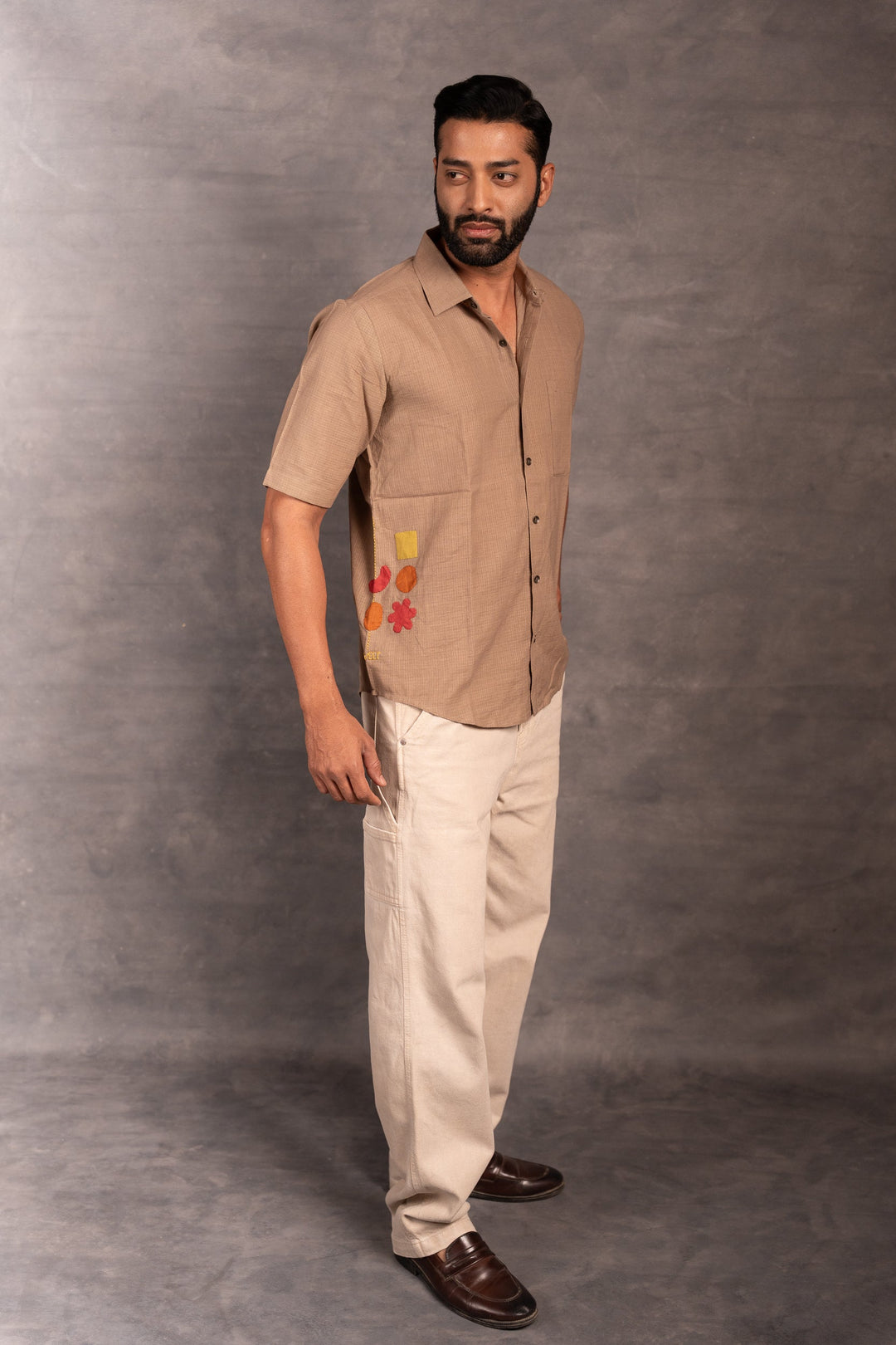 Men’s Short Sleeve Khadi Shirt – Handmade Detailing & applique