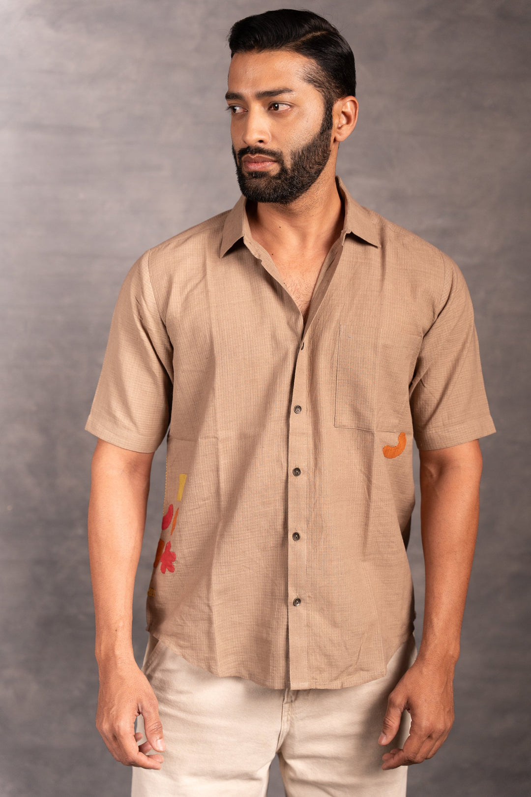 Men’s Short Sleeve Khadi Shirt – Handmade Detailing & applique