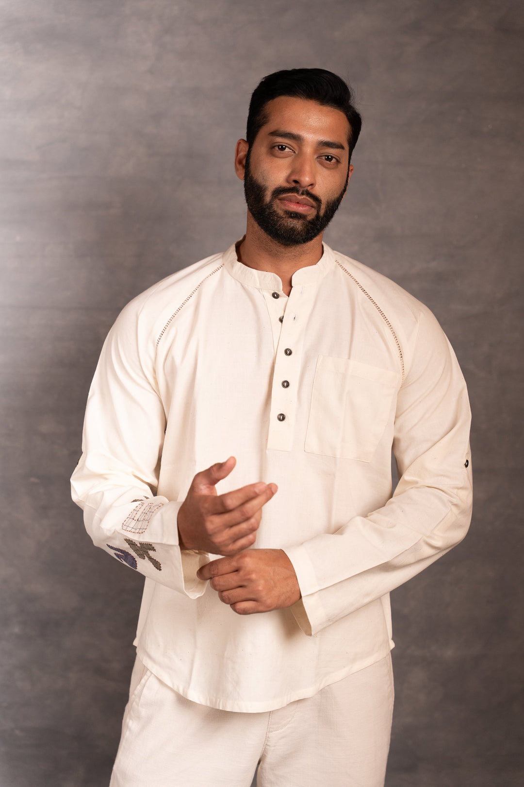Artisan-Crafted Khadi Shirt with Hand Applique – Full Sleeves