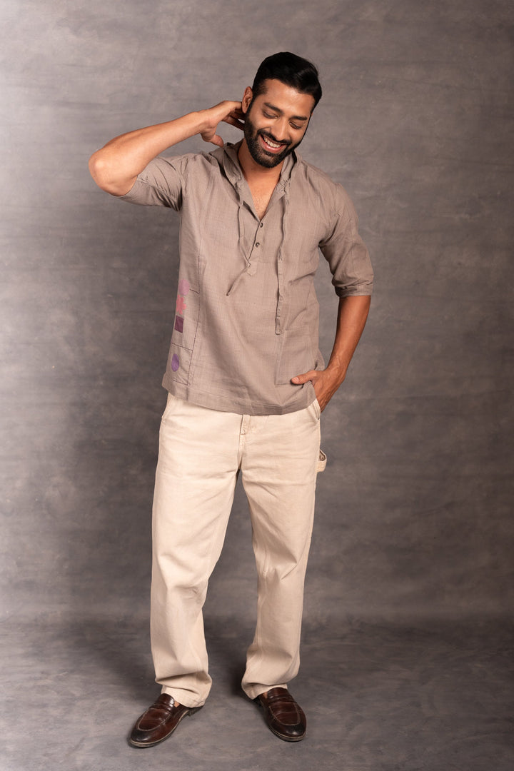 Half Sleeve Khadi Shirt with Hand-Applique & Hood