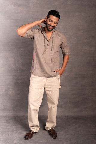 Half Sleeve Khadi Shirt with Hand-Applique & Hood