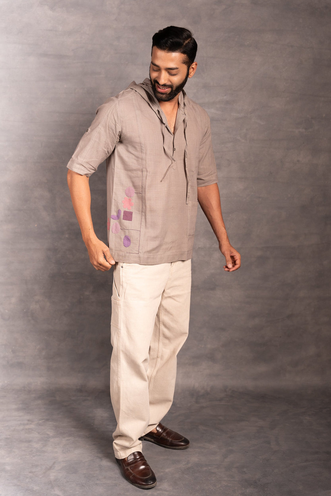 Half Sleeve Khadi Shirt with Hand-Applique & Hood