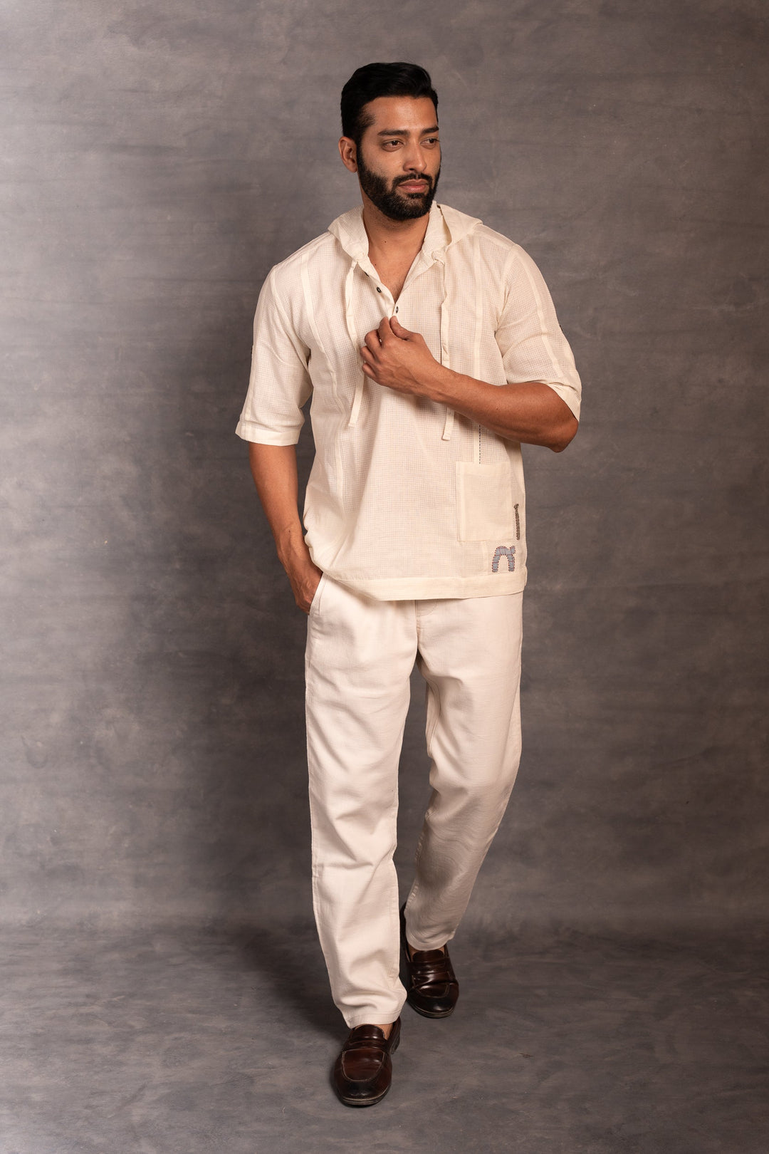 Handwoven Khadi Hoodie with Applique Detailing