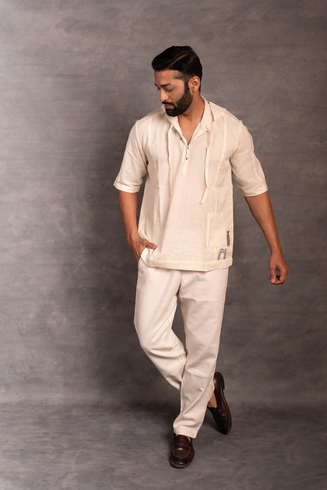 Handwoven Khadi Hoodie with Applique Detailing