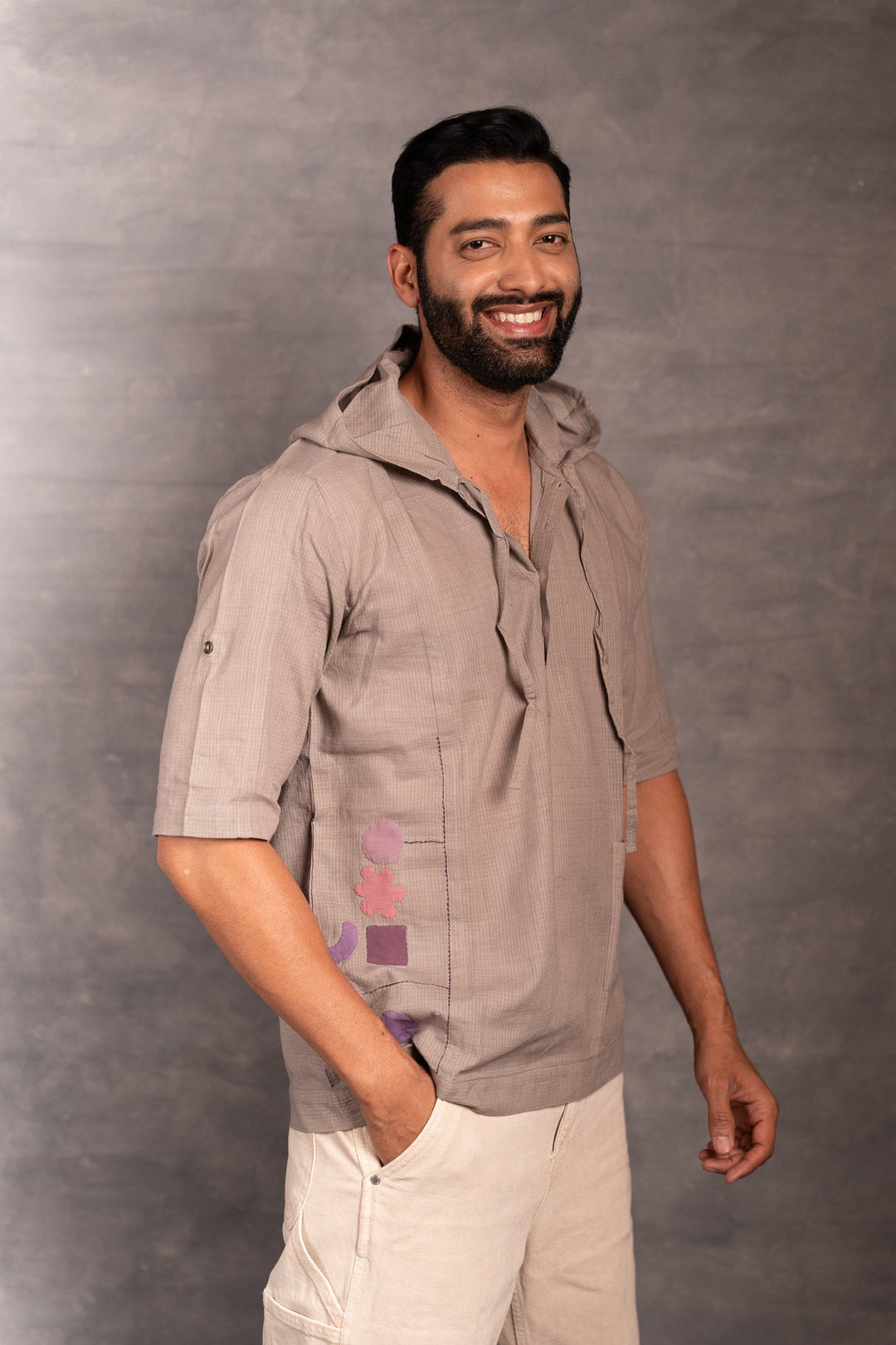 Half Sleeve Khadi Shirt with Hand-Applique & Hood