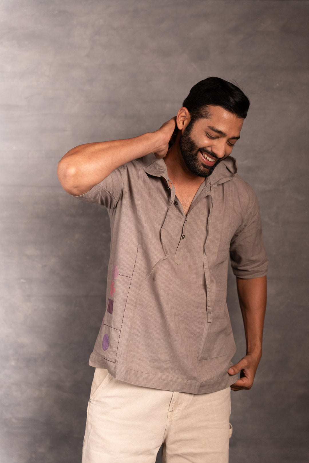 Half Sleeve Khadi Shirt with Hand-Applique & Hood