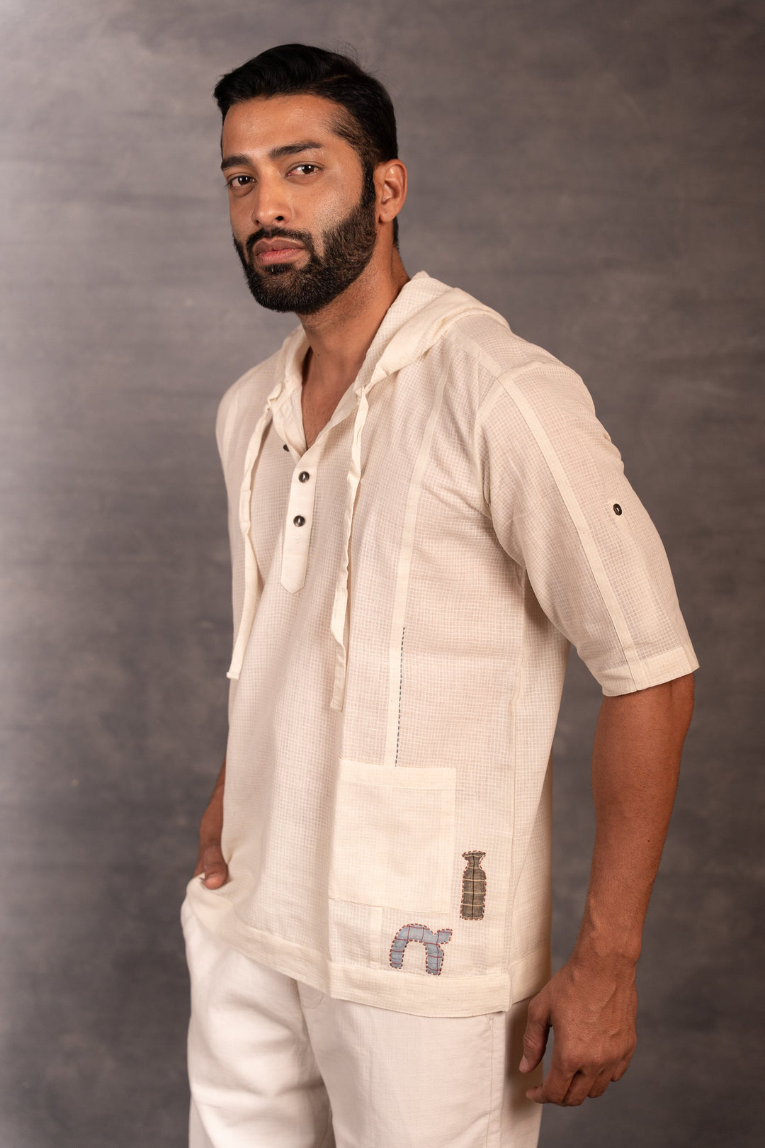 Handwoven Khadi Hoodie with Applique Detailing