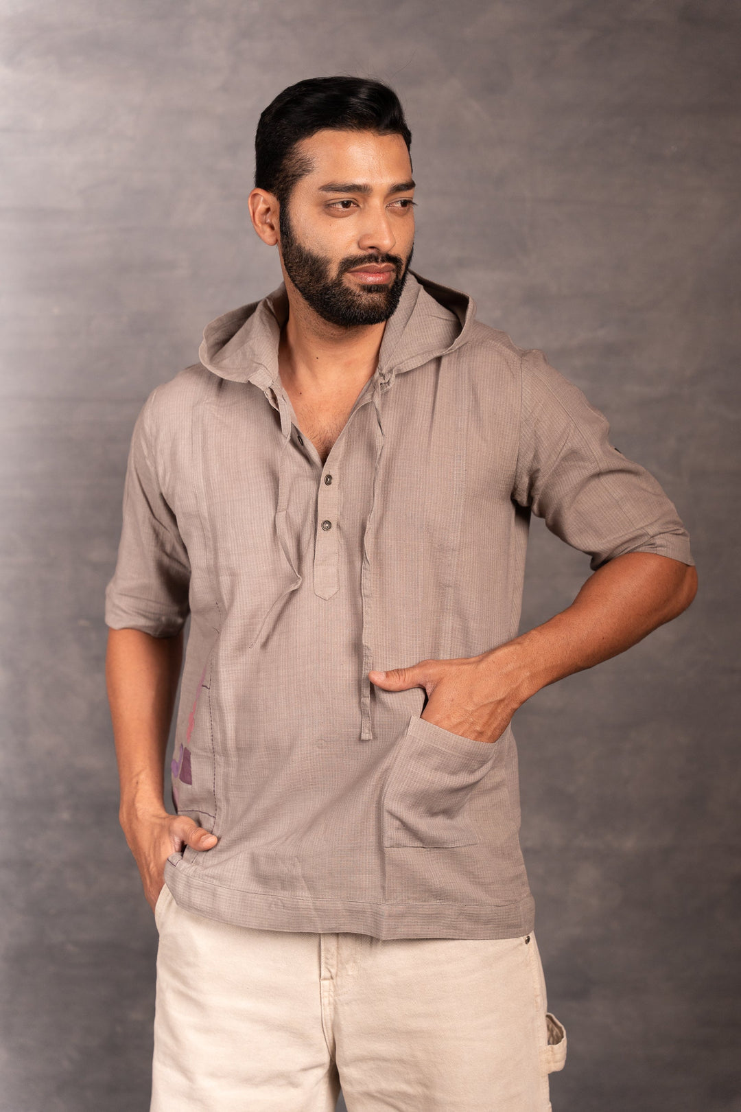 Half Sleeve Khadi Shirt with Hand-Applique & Hood