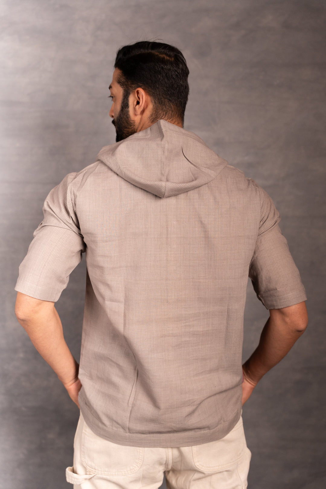Half Sleeve Khadi Shirt with Hand-Applique & Hood