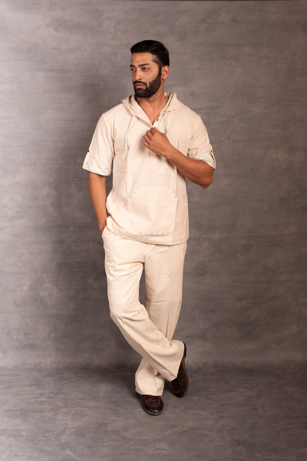 Handwoven Khadi Hoodie with Hand Applique & half Sleeves – Artisan Made