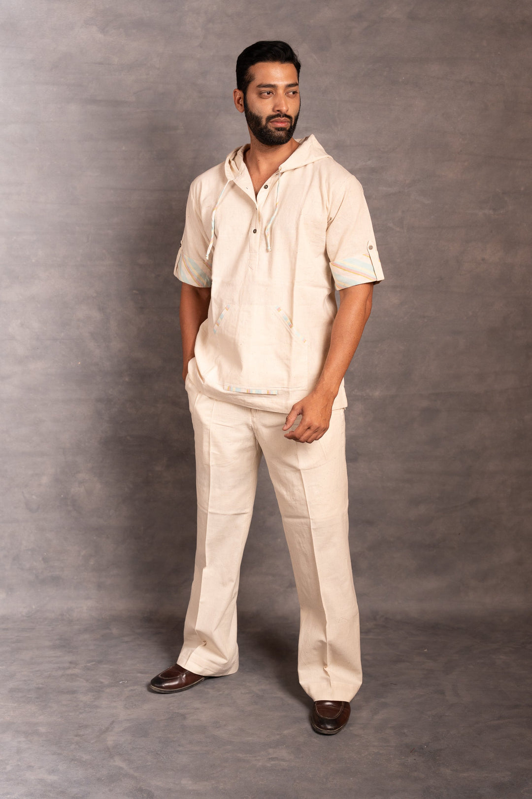 Handwoven Khadi Hoodie with Hand Applique & half Sleeves – Artisan Made