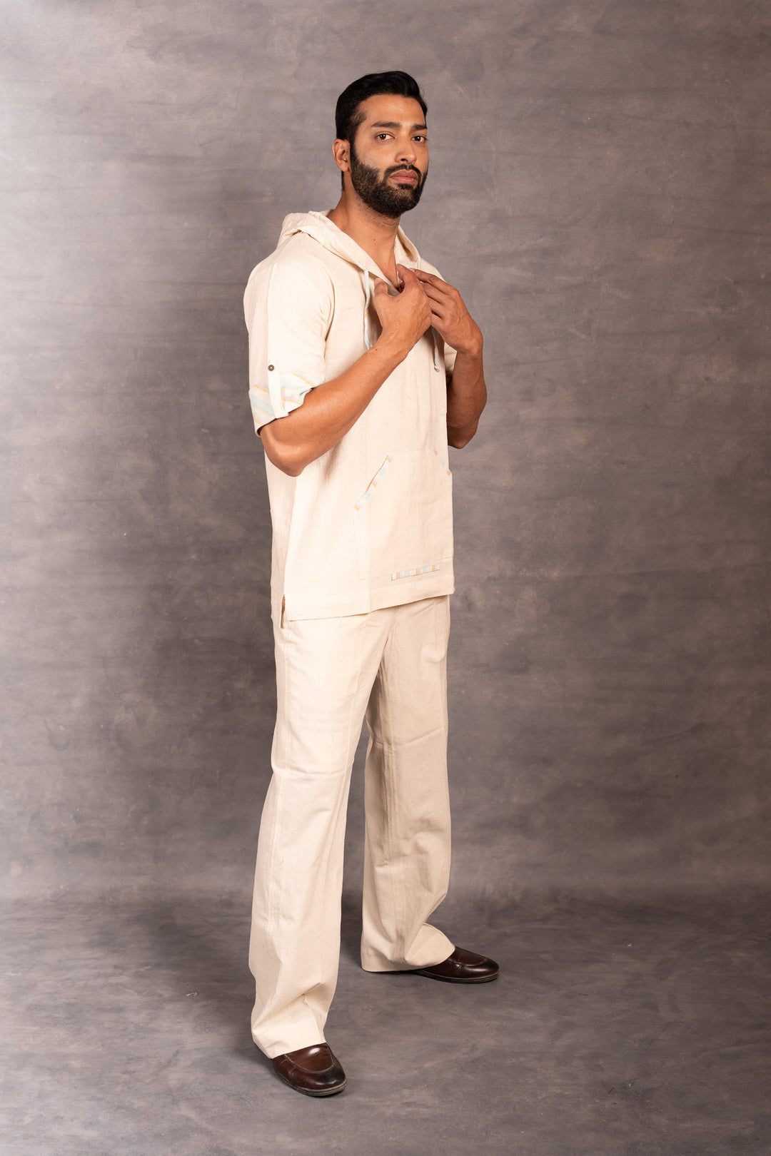 Handwoven Khadi Hoodie with Hand Applique & half Sleeves – Artisan Made