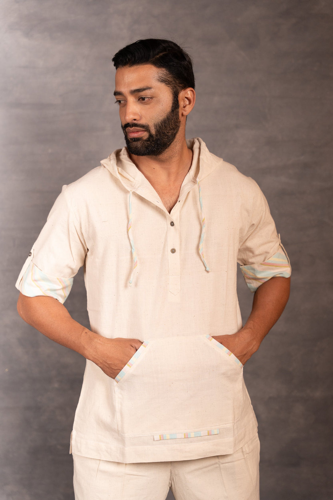 Handwoven Khadi Hoodie with Hand Applique & half Sleeves – Artisan Made