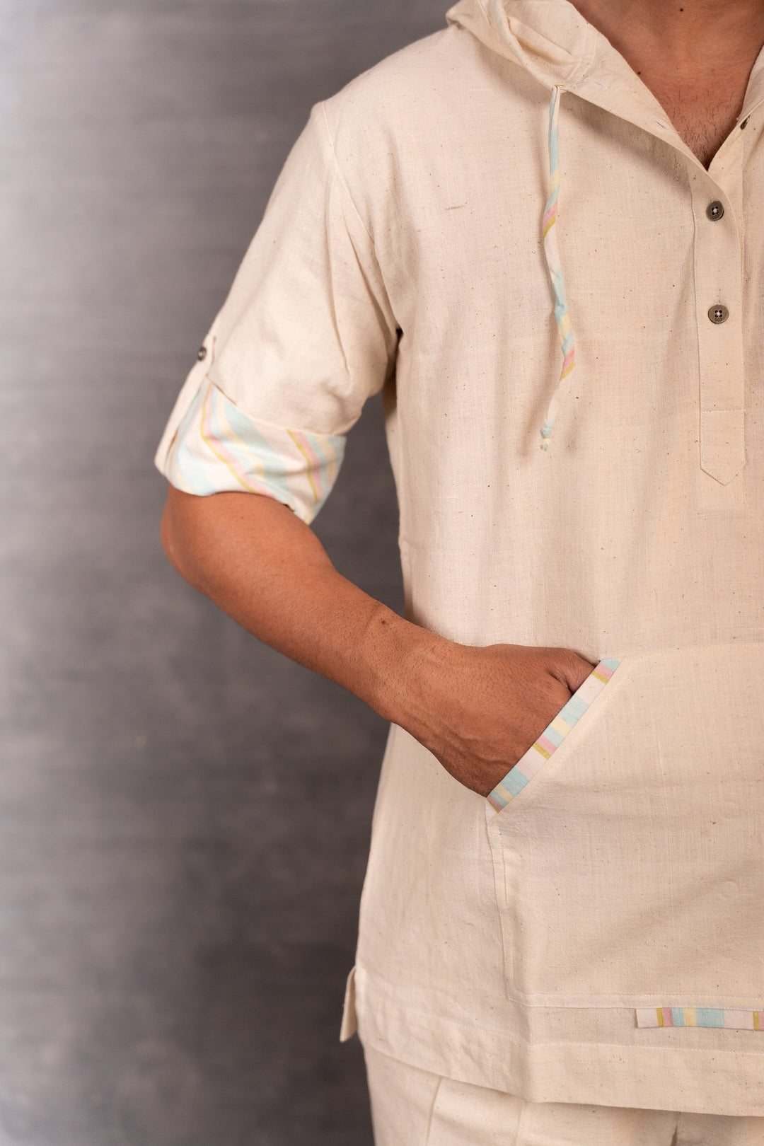 Handwoven Khadi Hoodie with Hand Applique & half Sleeves – Artisan Made