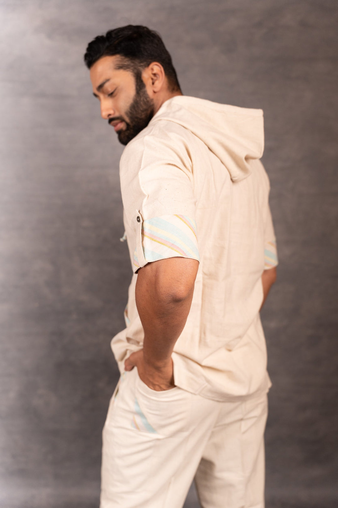 Handwoven Khadi Hoodie with Hand Applique & half Sleeves – Artisan Made