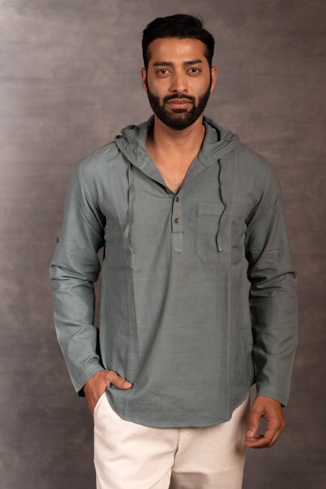 Handwoven Khadi Hoodie Top Full Sleeve Artisan-Made Design