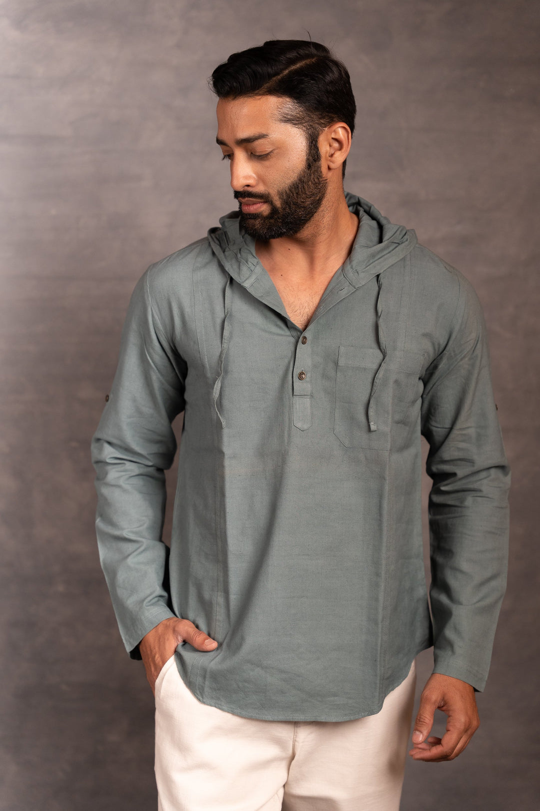 Handwoven Khadi Hoodie Top Full Sleeve Artisan-Made Design