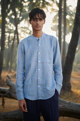 Sky Pinstripe Linen Men's Band Collar Shirt - Slim Fit