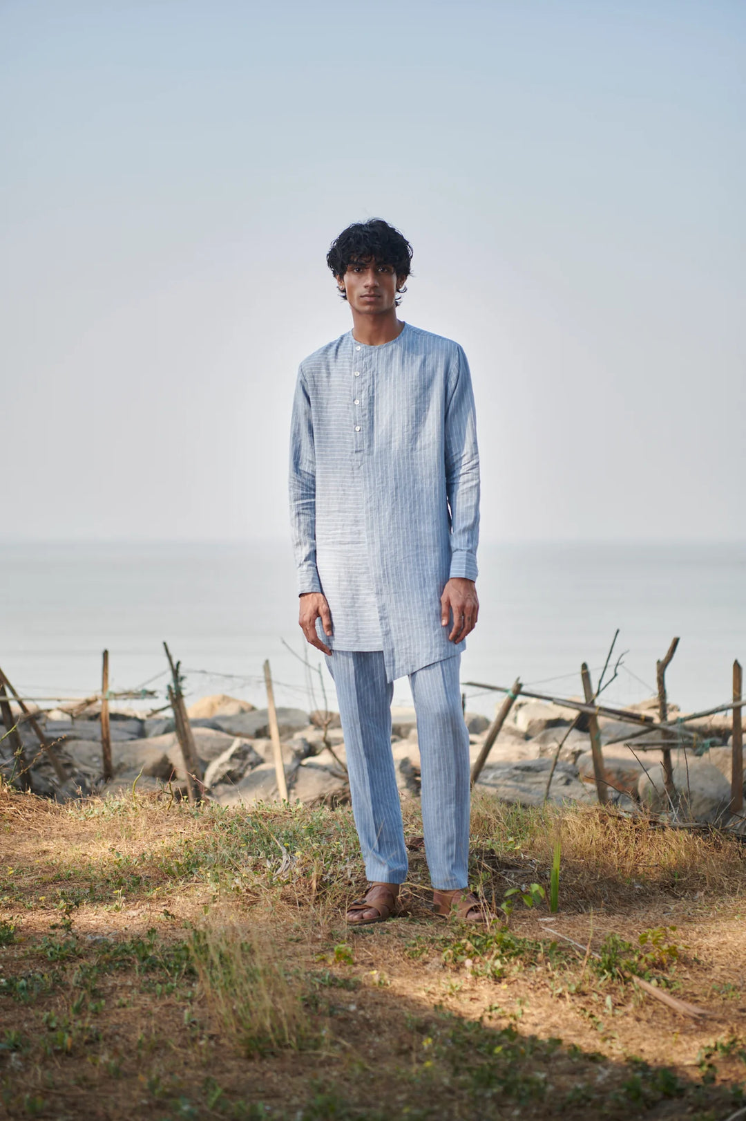 Sky Pinstripe Linen Side Open Kurta Set
