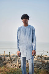 Sky Pinstripe Linen Side Open Kurta Set