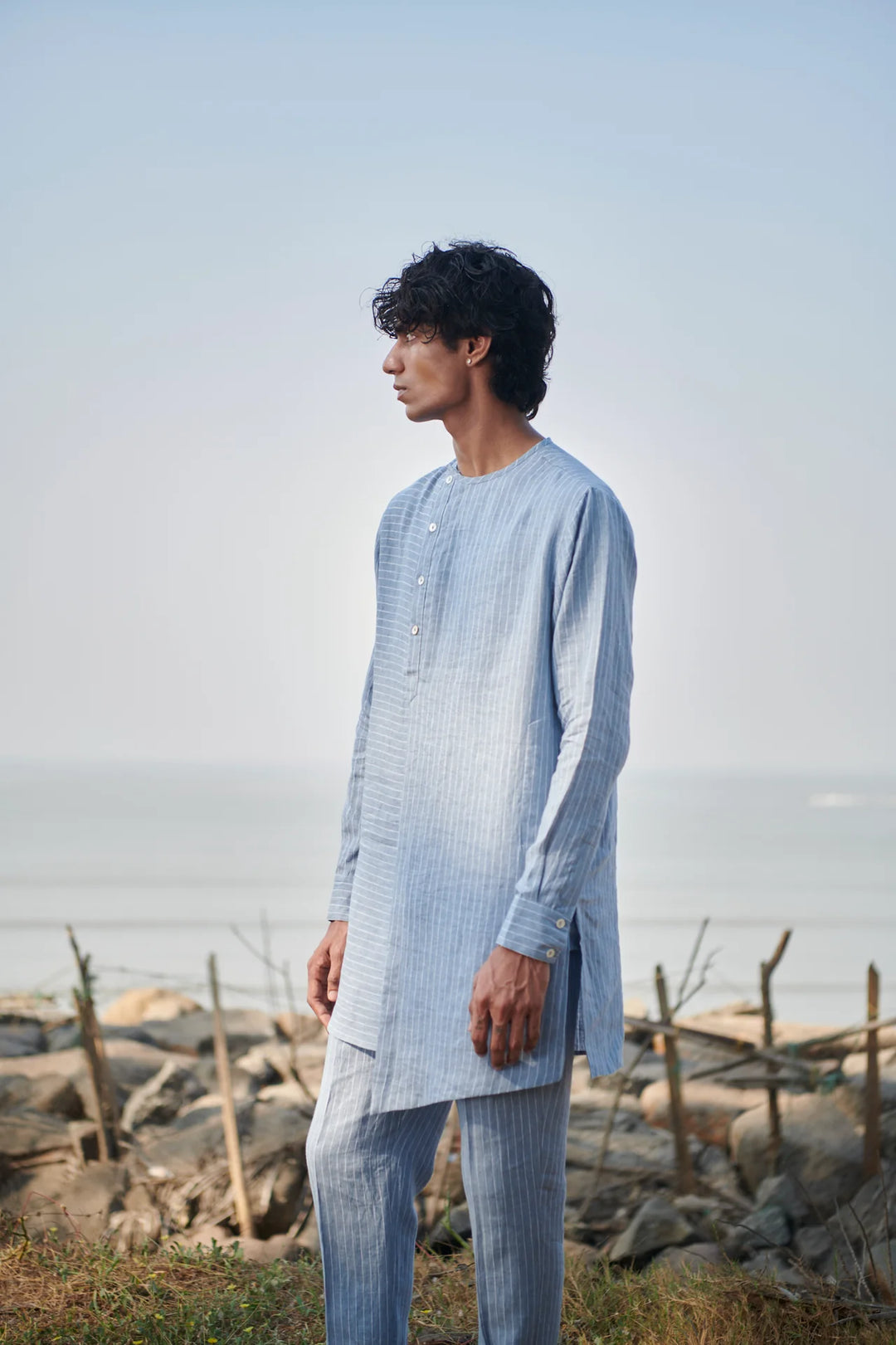 Sky Pinstripe Linen Side Open Kurta Set