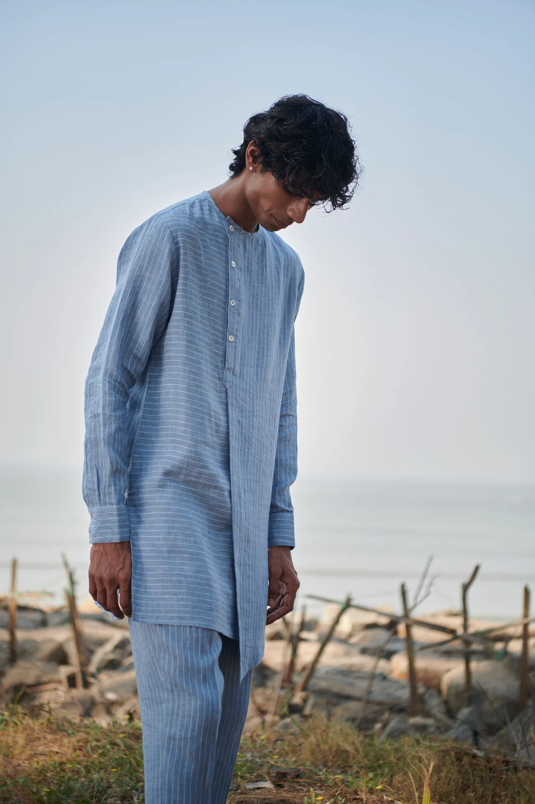 Sky Pinstripe Linen Side Open Kurta Set
