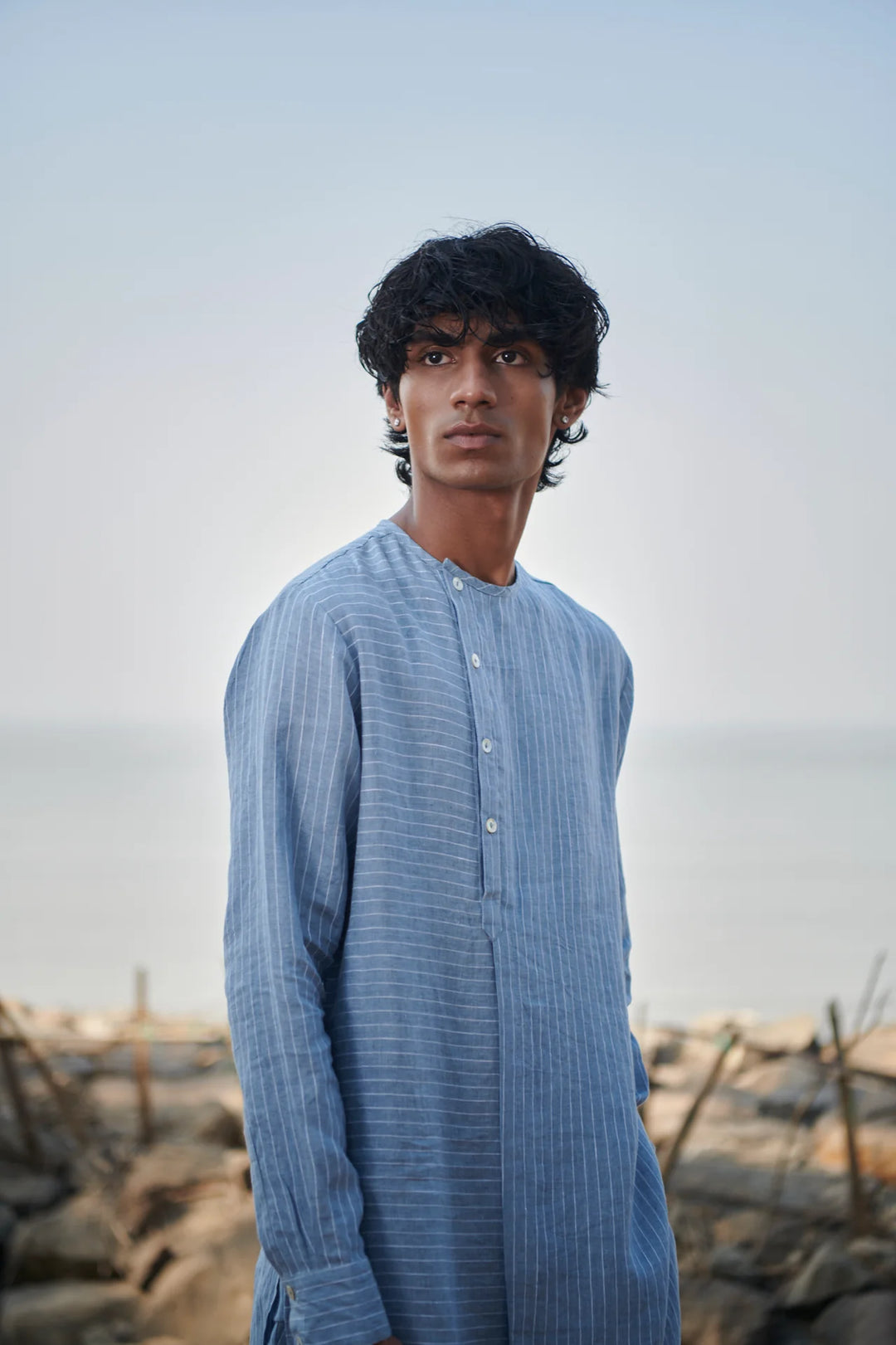 Sky Pinstripe Linen Side Open Kurta Set