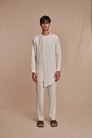 Undyed Pinstripe Linen Side Open Kurta Set