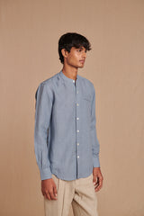 Sky Linen Men's Band Collar Shirt - Slim Fit