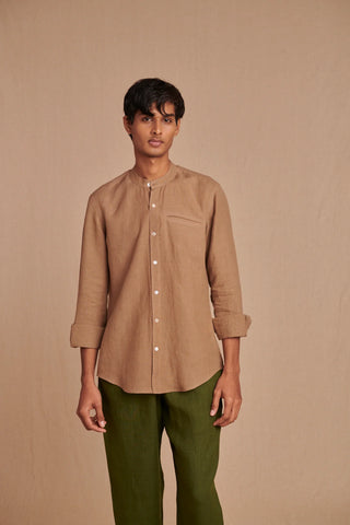 Mousse Linen Men's Band Collar Shirt - Slim Fit