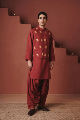 Saphed Brick Co-Linen Men's Nehru Jacket