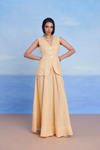 Butterscotch Linen V-neck Vest And Maxi Skirt Set